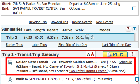 screenshot of a bus schedule