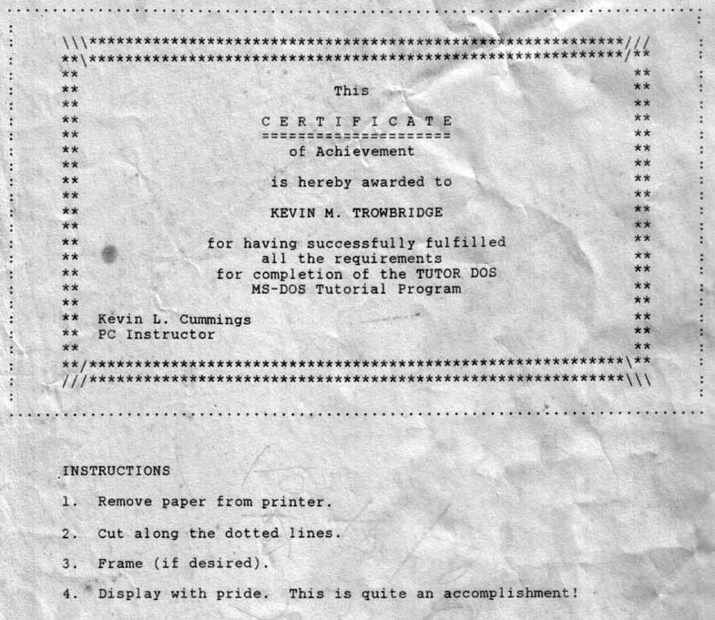 Kevin Trowbridge 'Tutor DOS' certificate.